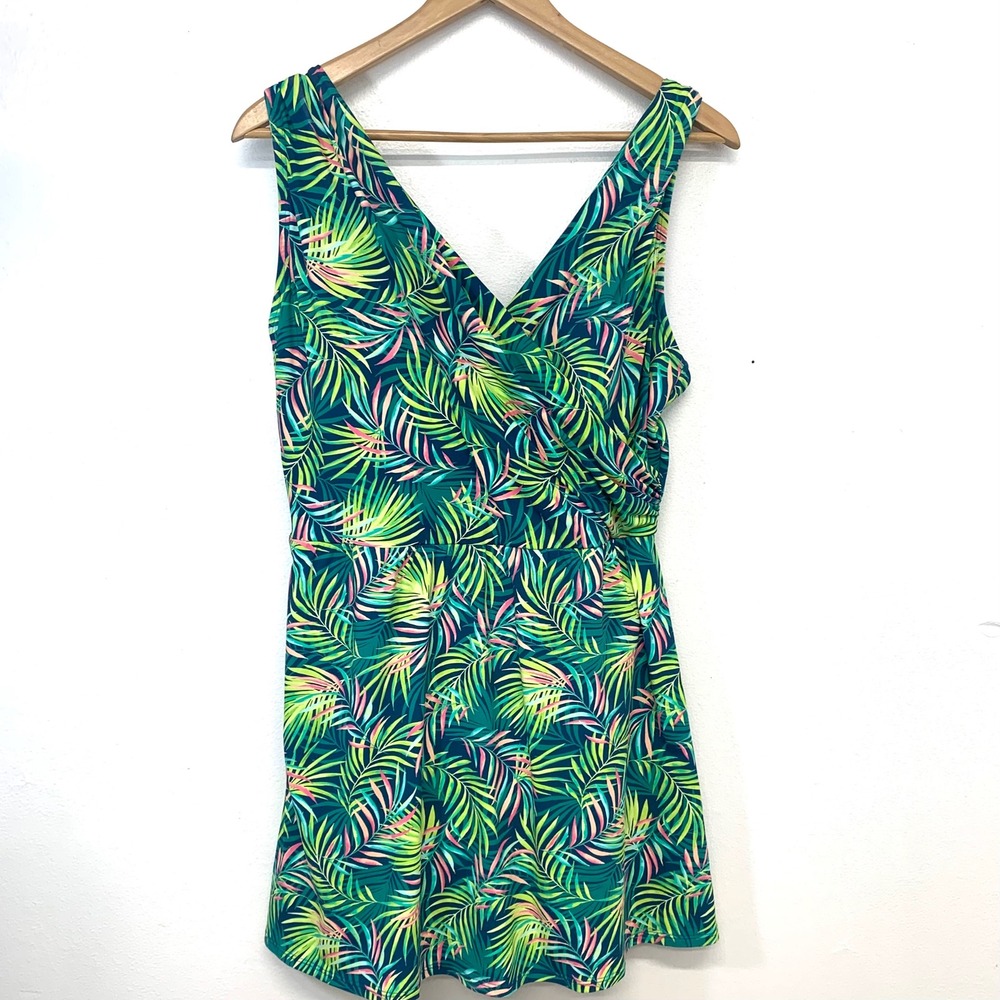 Lands End Swim Dress 18W Surplice Tropical Palm Print Green Stretch Beach Travel